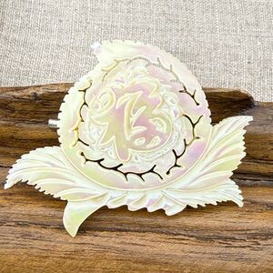Vintage Mother of Pearl Carved Botanical Floral Chinese Luck Brooch Pin White 2"